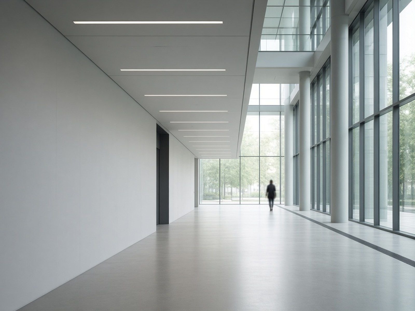 Bright building corridor with floor-to-ceiling windows and a person walking in the distance