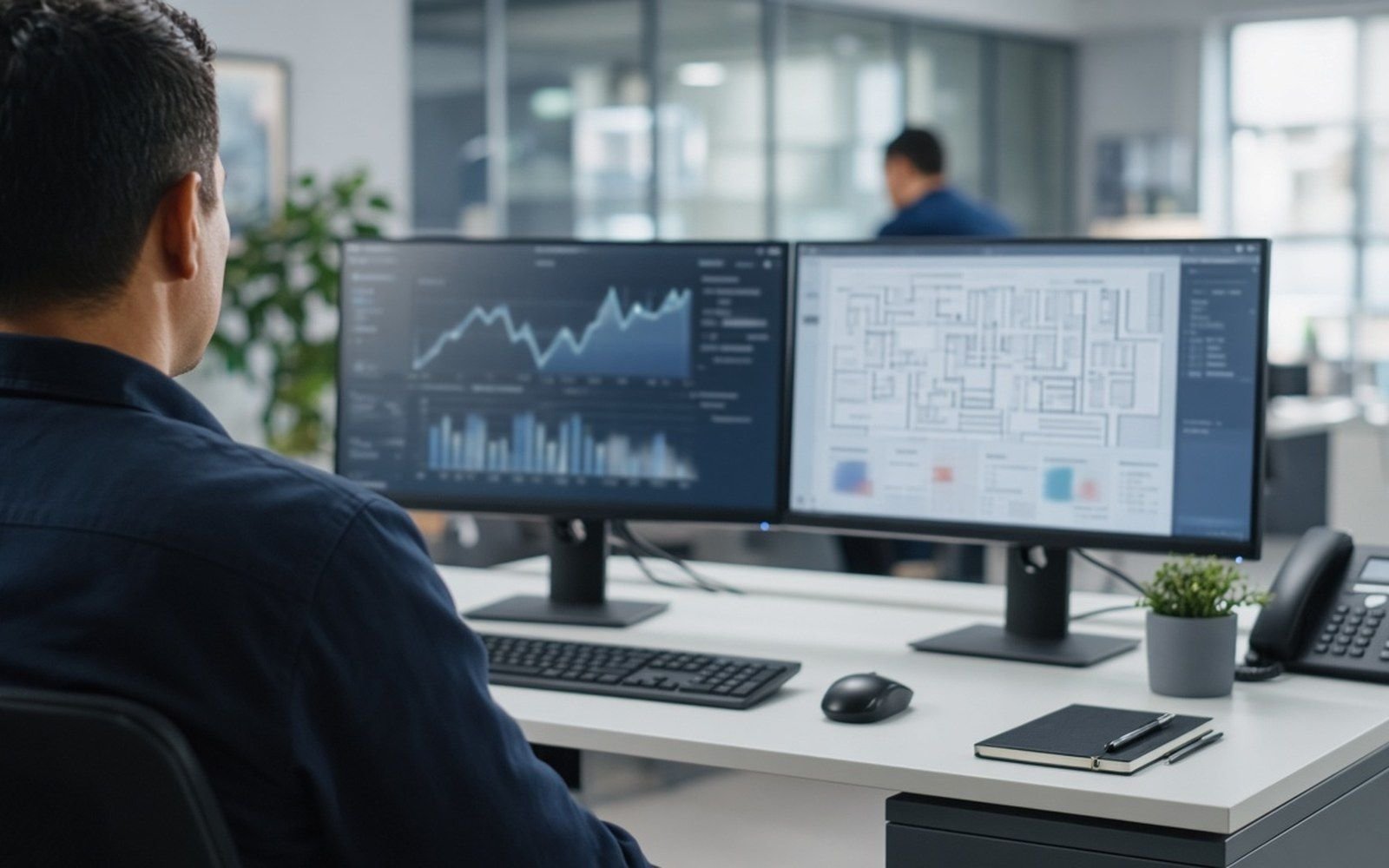 Facilities team member reviewing building data on two monitors