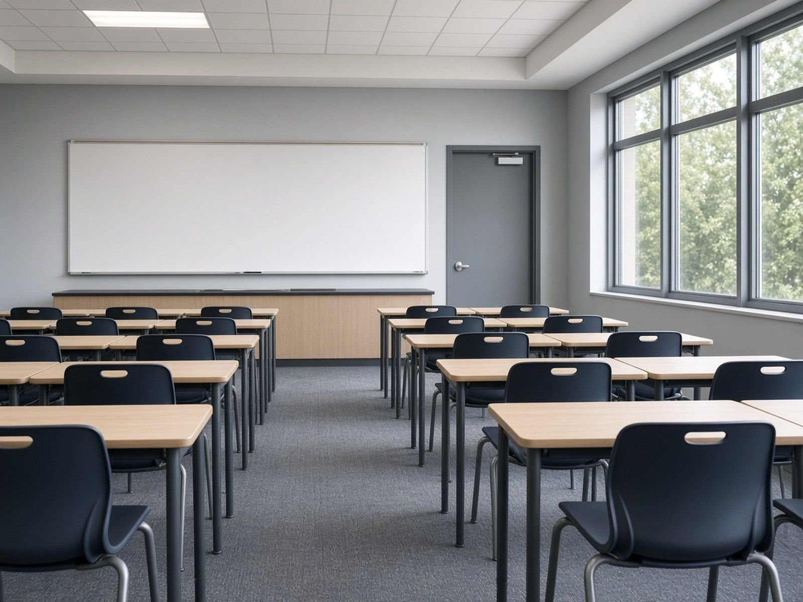 Empty classroom with rows of desks and a whiteboard