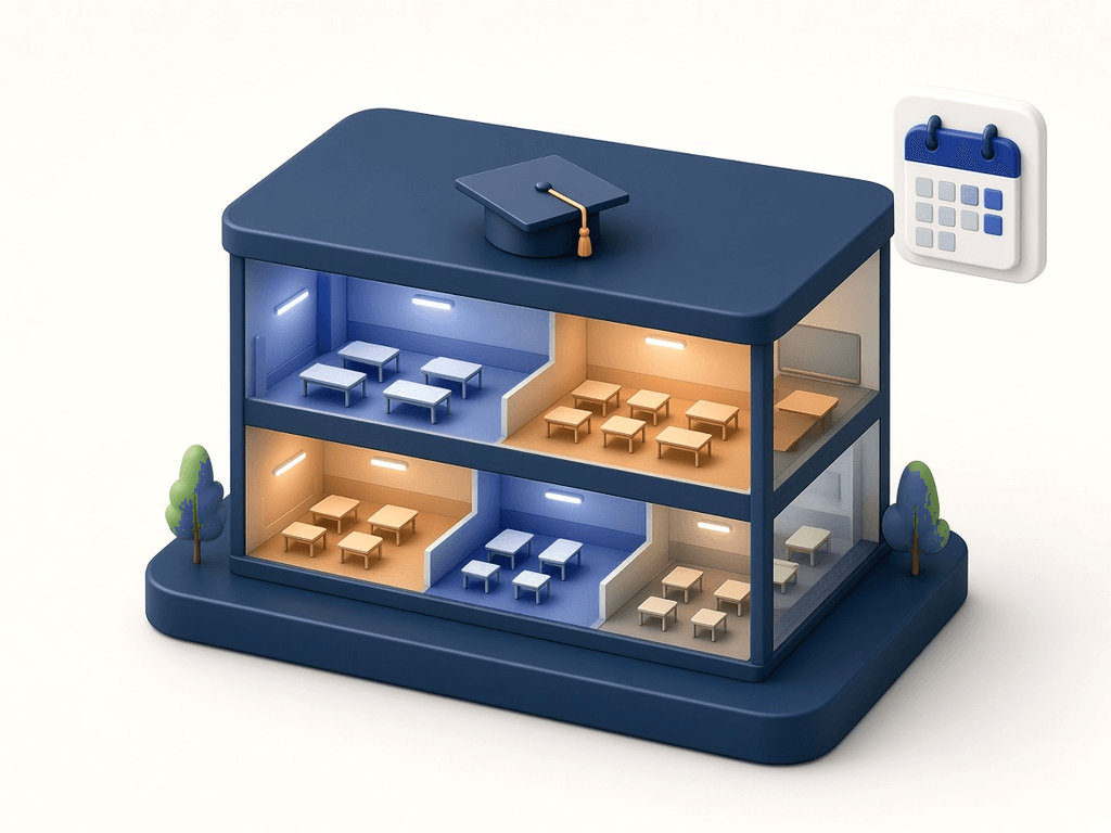Illustration of a campus classroom building where some rooms are in use and others sit empty, next to a calendar