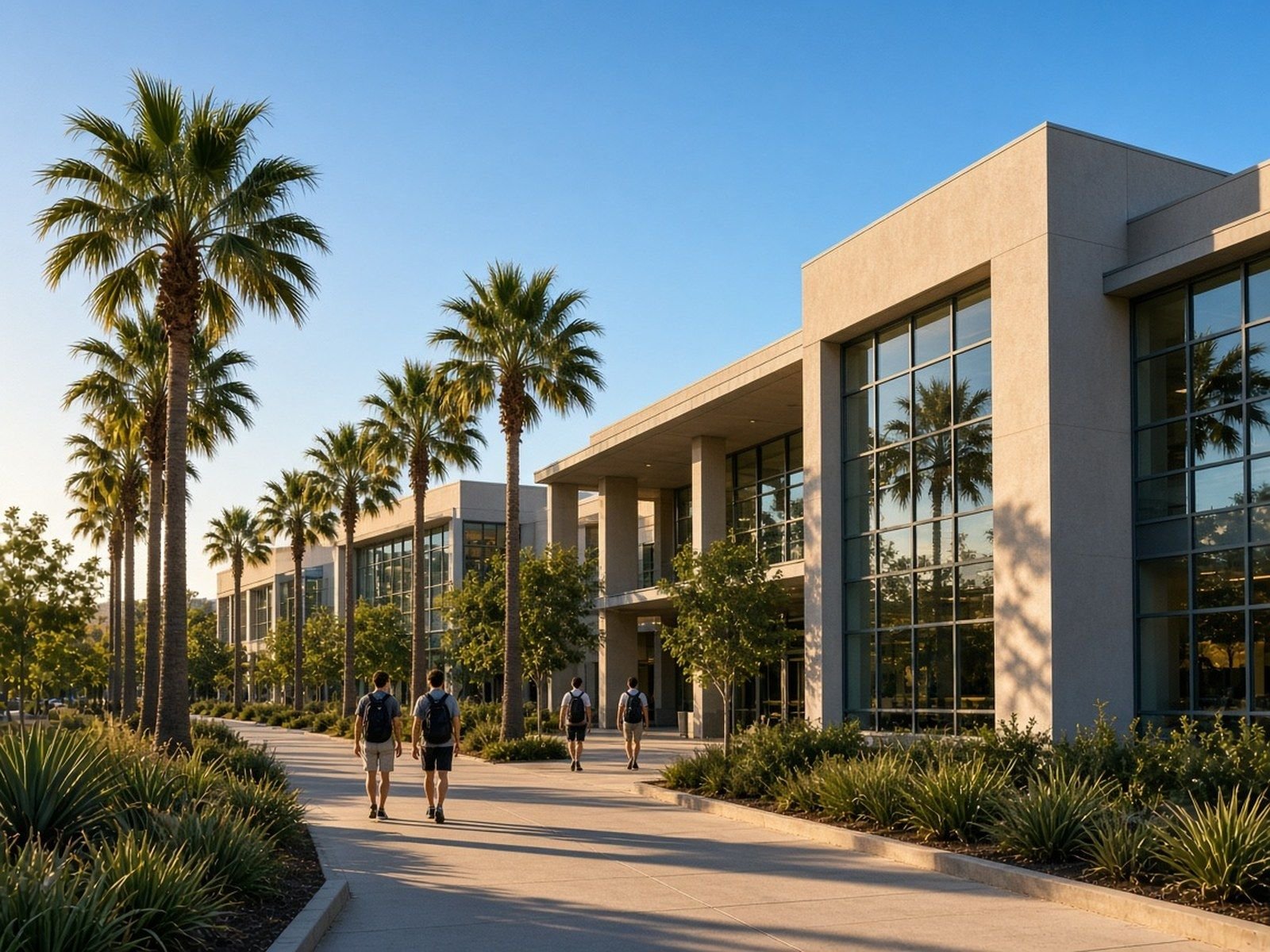 Campus building with large windows beside a palm-lined walkway