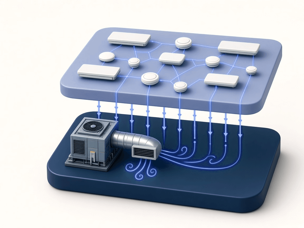 Illustration of a networked lighting controls layer sharing occupancy data with the building's HVAC equipment