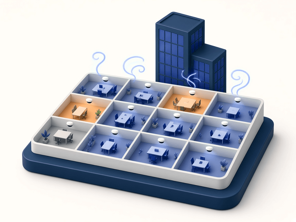 Illustration of an office floor divided into zones, with only a few zones in use, and ceiling occupancy sensors in each zone