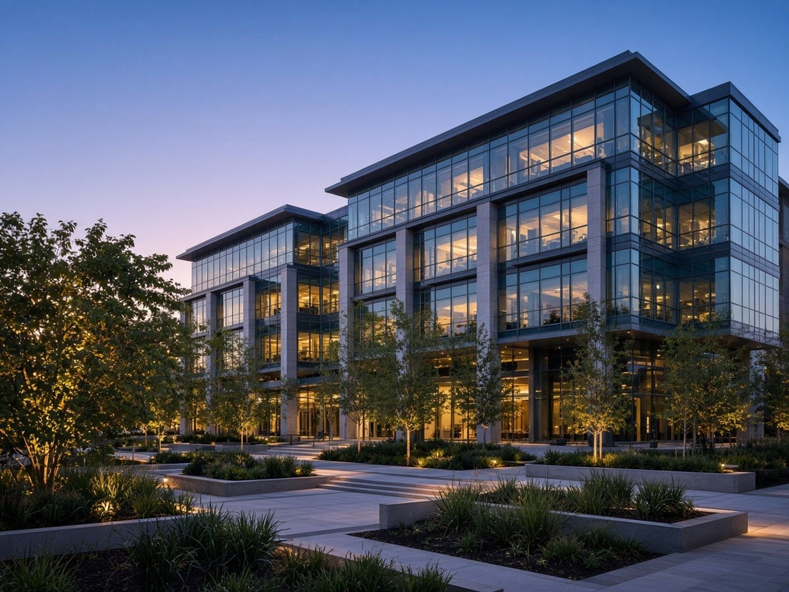 Multi-story glass office building at dusk with lit windows