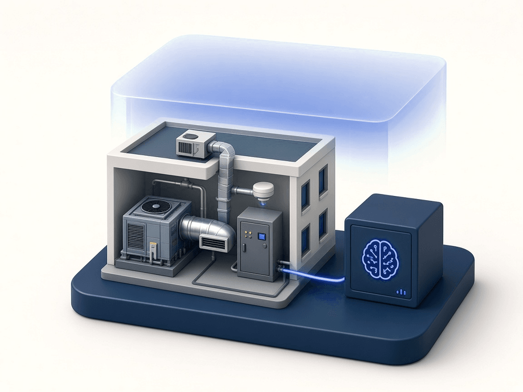 Illustration of a building's existing HVAC equipment and controls left in place, with a small on-prem server connected by one cable