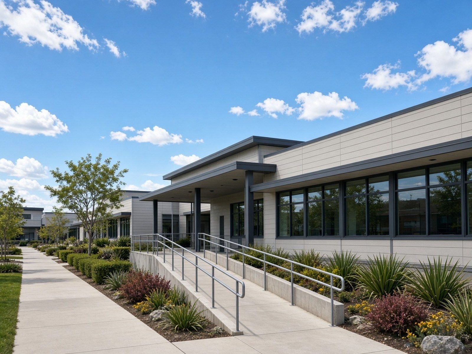 Single-story campus building with a covered entrance and accessibility ramp