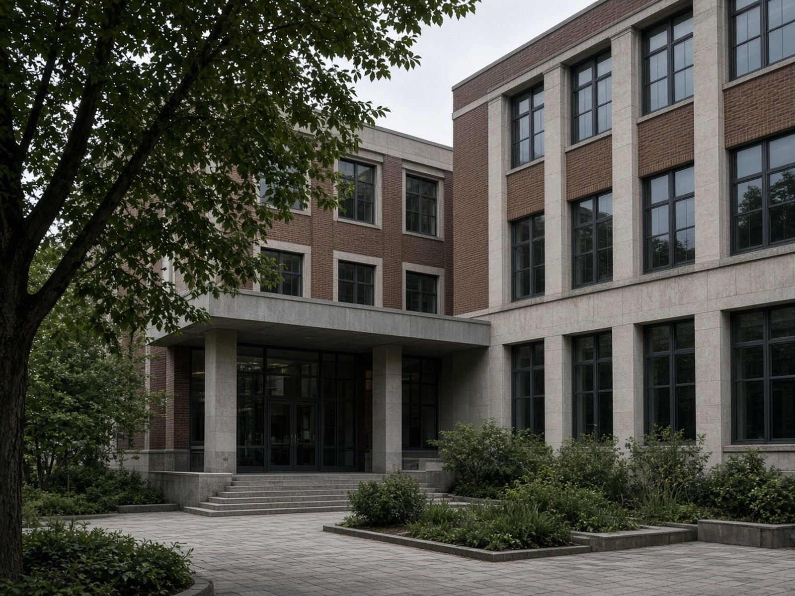 Brick and concrete university building with an entrance stairway
