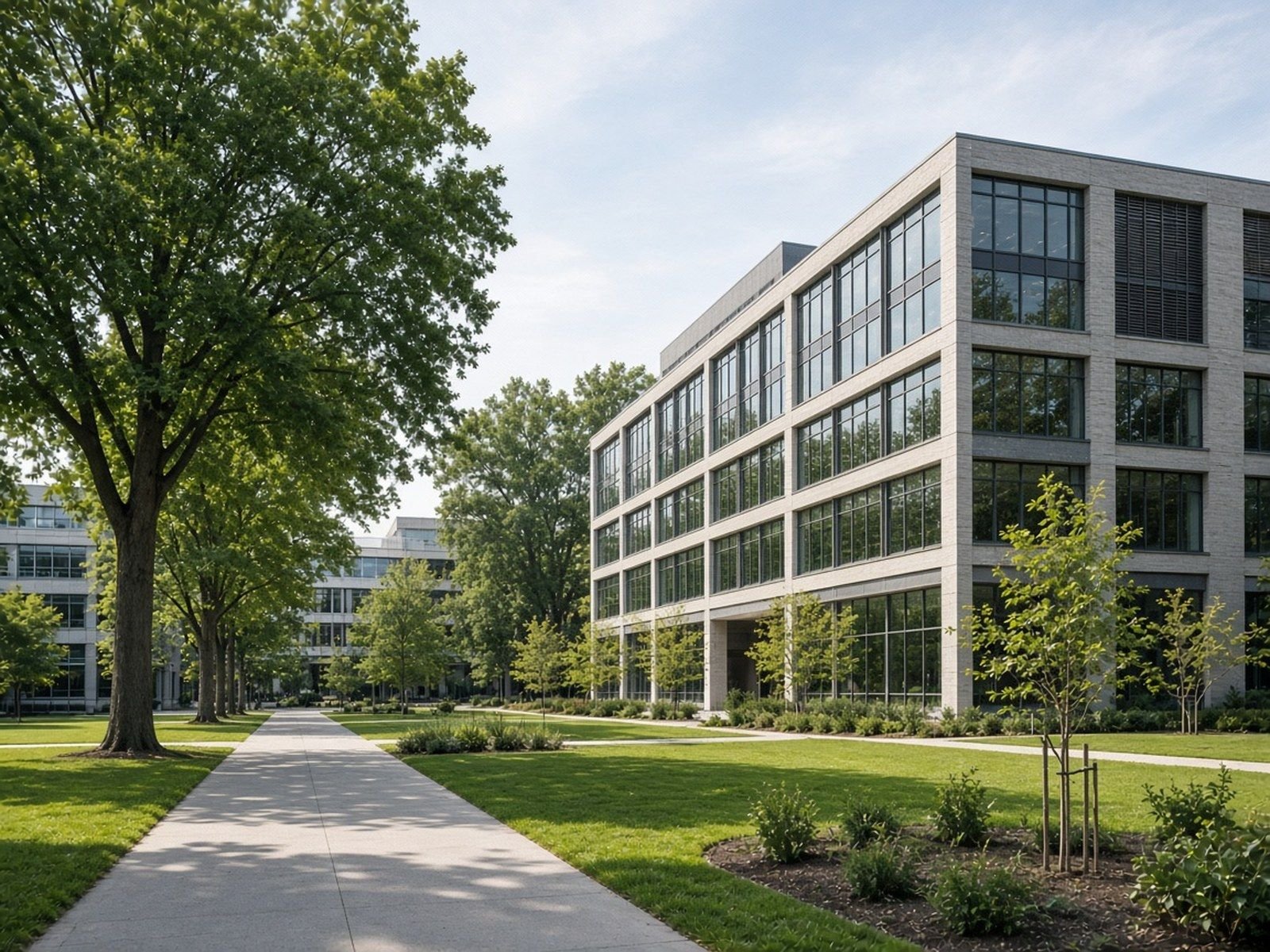 Campus building with large windows beside a tree-lined lawn and walkway