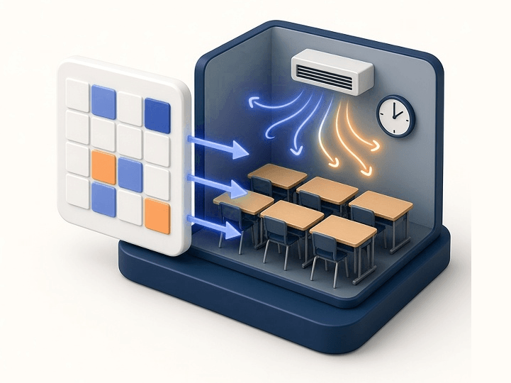 Illustration: a room schedule feeding a classroom's HVAC so the room eases off when nothing is scheduled and is ready before people arrive