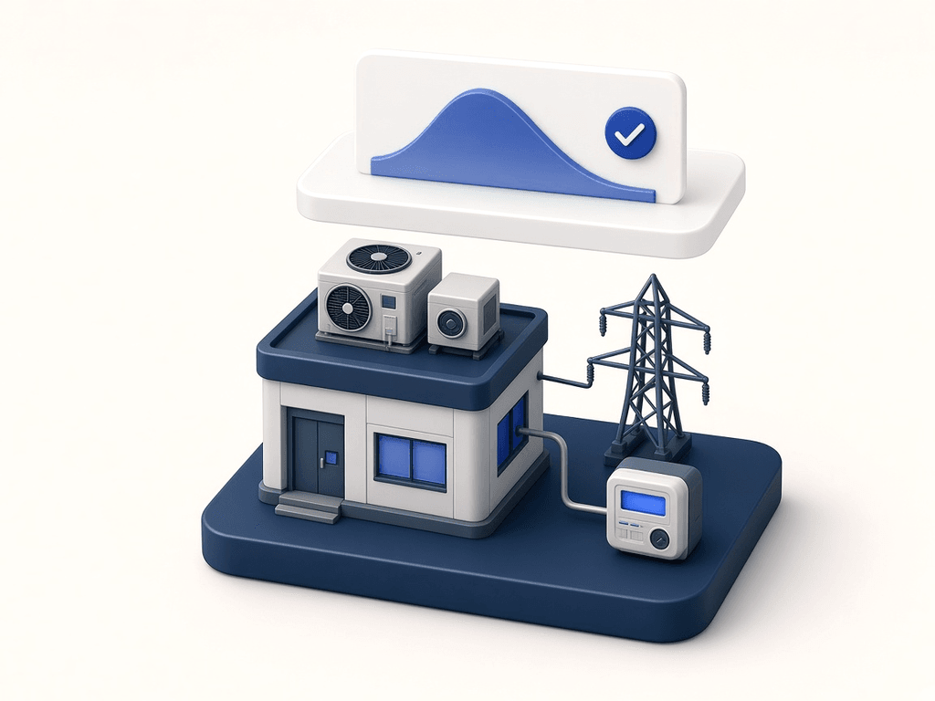 Illustration of a commercial building with rooftop HVAC, an energy meter and a power line, with an abstract load curve and a verified check mark
