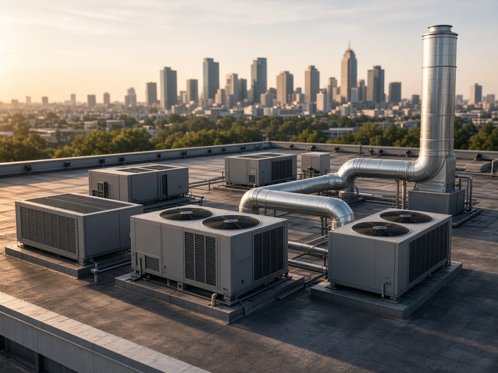 Rooftop HVAC units and ductwork with a city skyline behind
