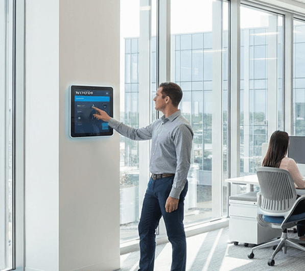 KenergyAI partner using a wall-mounted building control panel in a modern glass office
